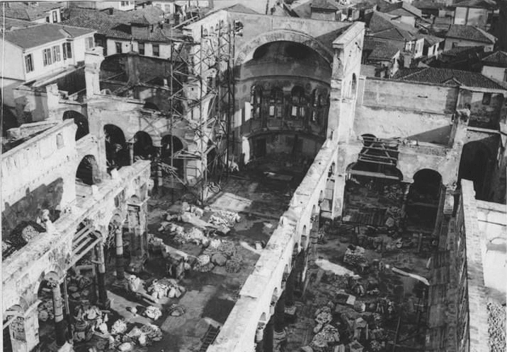 View of the ruins of the Church of Hagios Demetrios one year after the fire of Thessaloniki in 1917