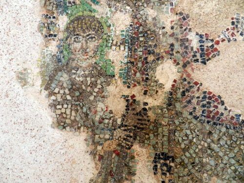 Mosaic fragment showing a child next to saint Demetrios the Church of Hagios Demetrios in Thessaloniki