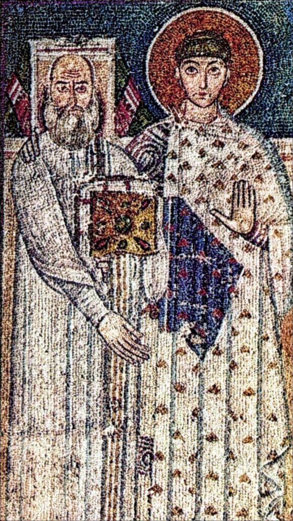 Mosaic of the Church of Saint Demetrios in Thessaloniki showing the saint with a deacon, 7th century
