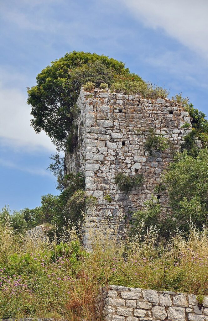 Ruins of a tower of the medieval castle of Kassiopi in Corfu