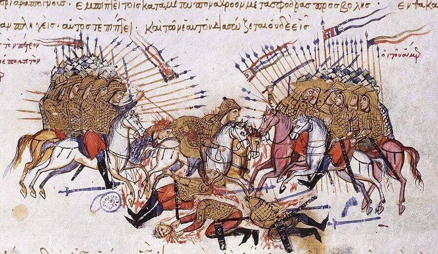 Battle between Byzantines and Arabs, Madrid Skylitzes, end 13th