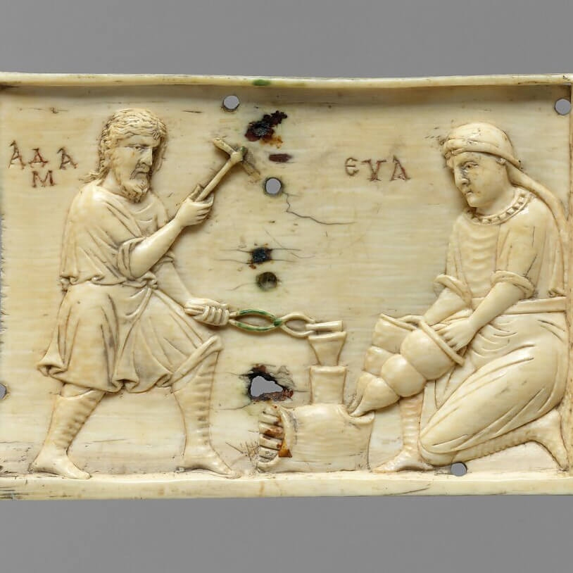 Byzantine ivory casket, Adam and Eve doing forge work