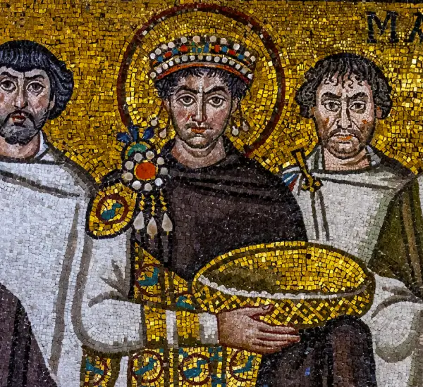 Byzantine Emperor Justinian and his court on a mosaic in San Vitale in Ravenna