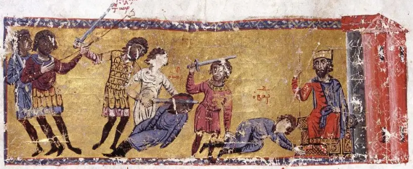 Assassination of Caesar Bardas in the presence of his nephew Michael III, llumination from the Skylitzes Manuscript.