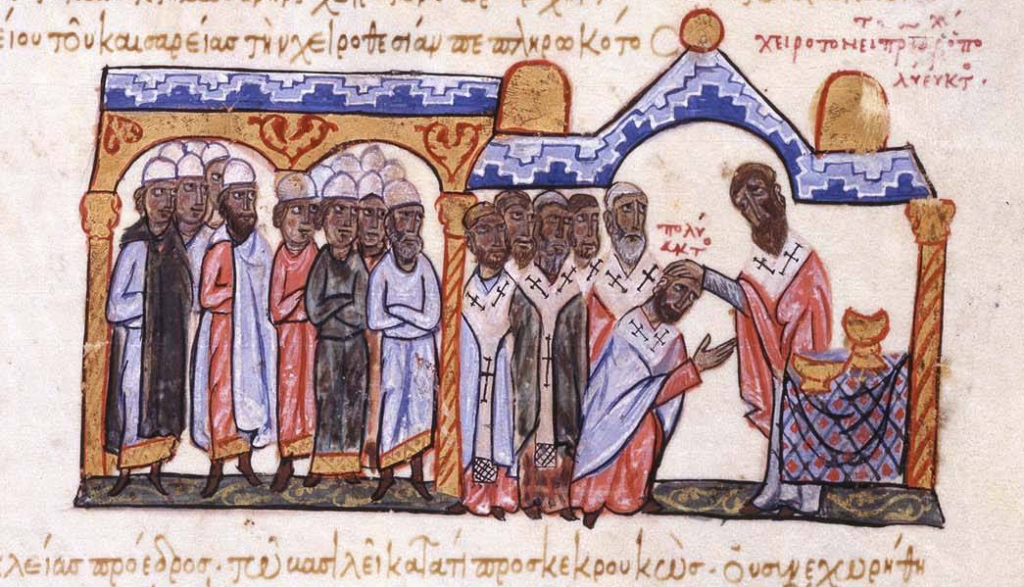 Consecration of the Patriarch Polyeuctus in 956, depicted in the Madrid Skylitzes Manuscript from the 12th century.