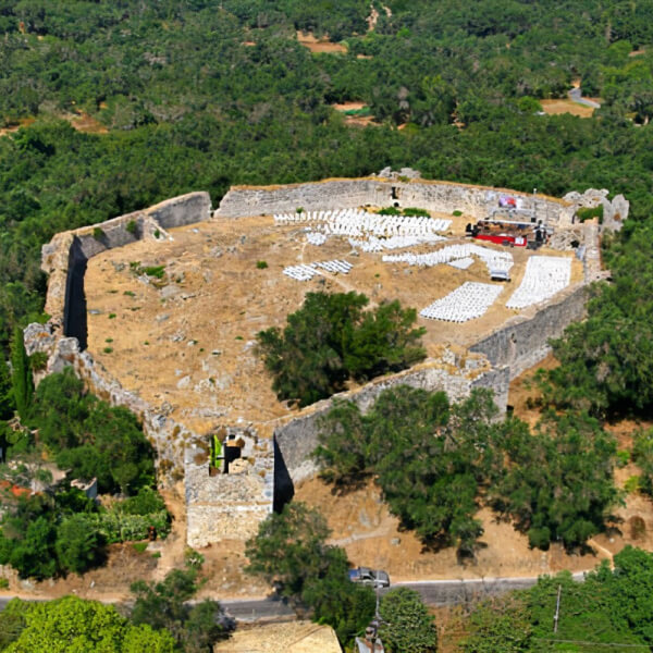 Aerial view of the late Byzantine castle of Gardiki, island of Corfu
