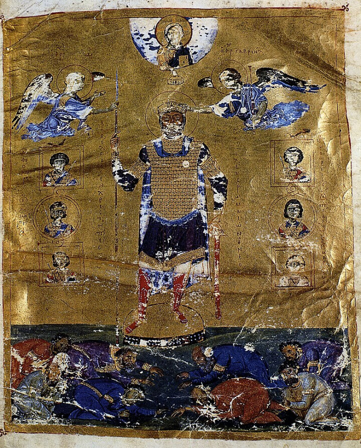 Full-page miniature of the Basil Psalter showing the Byzantine Emperor Basil II