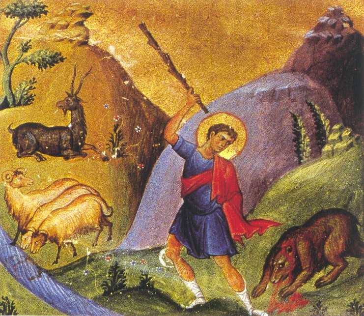 Basil Psalter, Byzantine Illumination showing David killing the bear