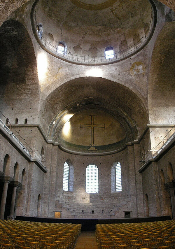 Interior and cross mosaic of the Byzantine church of Hagia Irene in Constantinople - Istanbul
