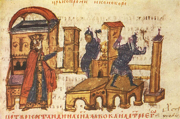 Byzantine Emperor Constantine V orders his soldiers to deface or demolish an iconodule church, Manasses Chronicle, 14th century manuscript