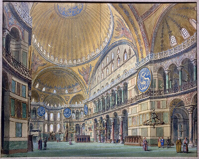 Watercolor depicting the interior of Hagia Sophia by Philippe Chaperon, 1893