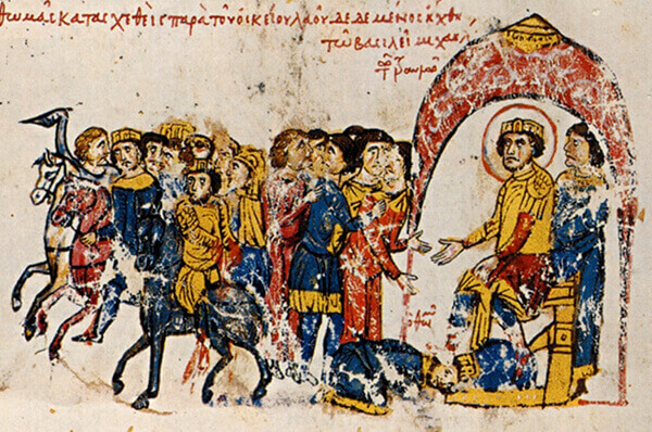 Defeated usurper Thomas the Slav is brought on a donkey and humiliated before Emperor Michael III, Madrid Skylitzes manuscript