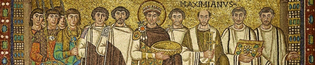 Byzantine mosaic detail, Emperor Justinian and his court, San Vitale in Ravenna, 6th century