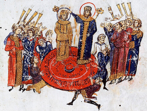 Madrid Skylitzes manuscript, coronation of a co-emperor on a shield, 12th century