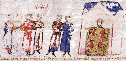 Madrid Skylitzes manuscript, 12th century. Empress Theodora confers with the Senate.