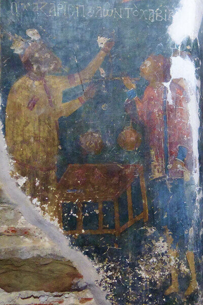 Caviar seller, fresco from the Panagia Vlacherna in Arta, end of the 13th century.