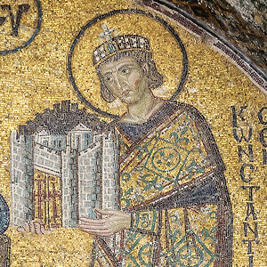 Southwestern Entrance mosaic of the Hagia Sophia, detail of Constantine presenting Constantinople to the Virgin, late 10th or early 11th century