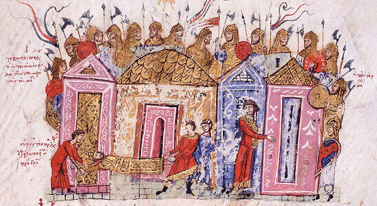 Illumination of the Madrid Skylitzes, the corpse of Leo V is dragged to the hippodrom through the Skyla gate