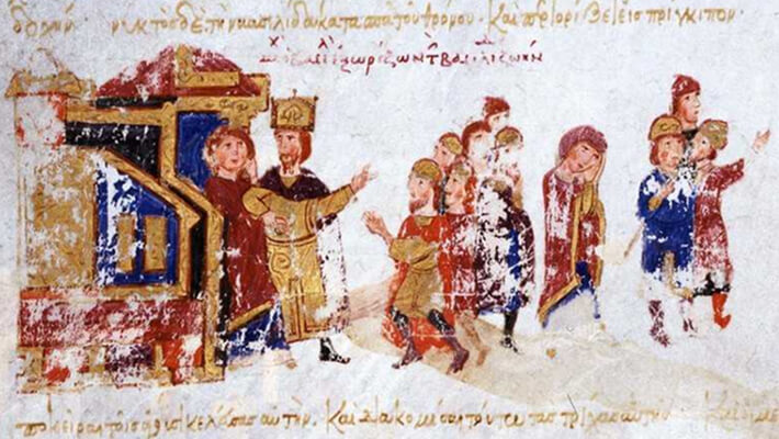 Madrid Skylitzes, illumination depicting Michael V sending empress Zoe Porphyrogenita in exil