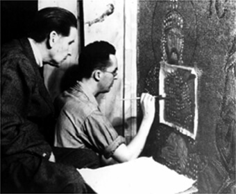 Members of the Byzantine Institute working on the mosaic of Zoe and Constantine IX in the south gallery of Hagia Sophia, ca. 1938