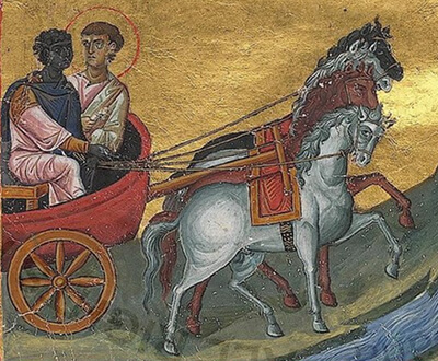 Detail of a byzantine illumination depicting Philip the Deacon and the Ethyopian eunuch, Menologion of Basil II