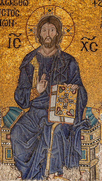 Byzantine mosaic in Hagia Sophia, detail of the Christ in the Macedonian mosaic of the gallery