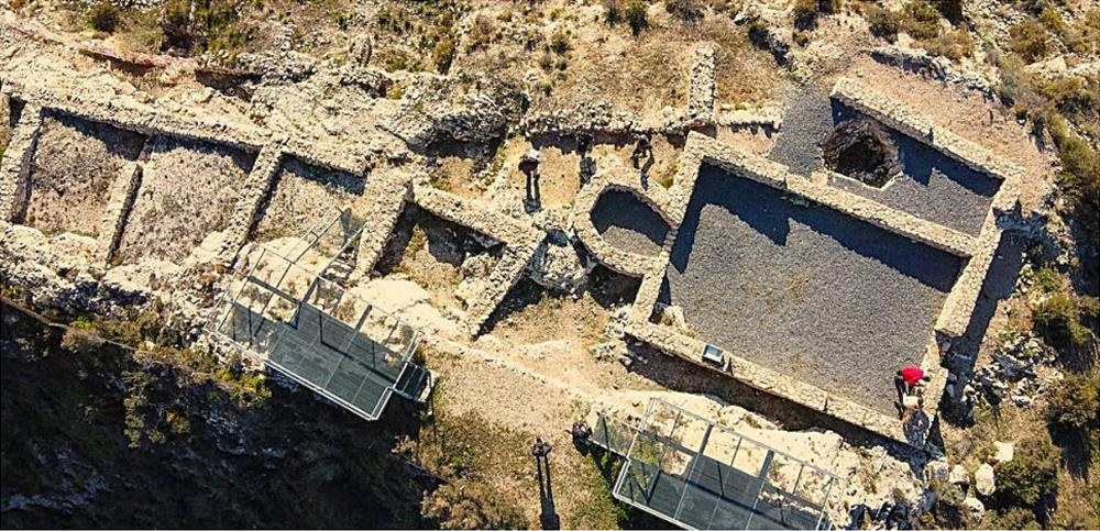 Aerial view of the church at the top of the byzantine castellum of Elo, Spain