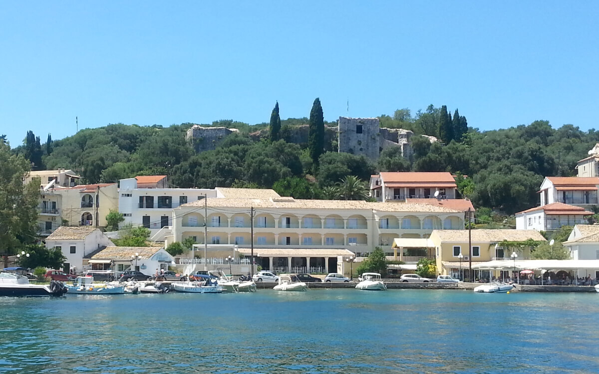 View of the ruins of the byzantine castle of Kassiopi in Corfu