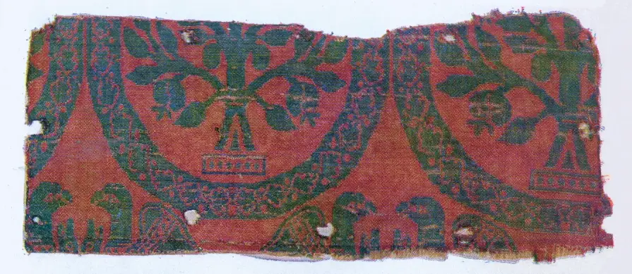 Byzantine Silk Fabric, fragment with pomegranate trees and eagles from the cathedral treasure of Halberstadt