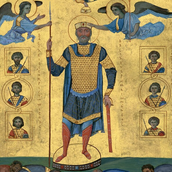 Detail of a replica of a miniature of the Psalter of Venice, showing Byzantine Emperor Basil II