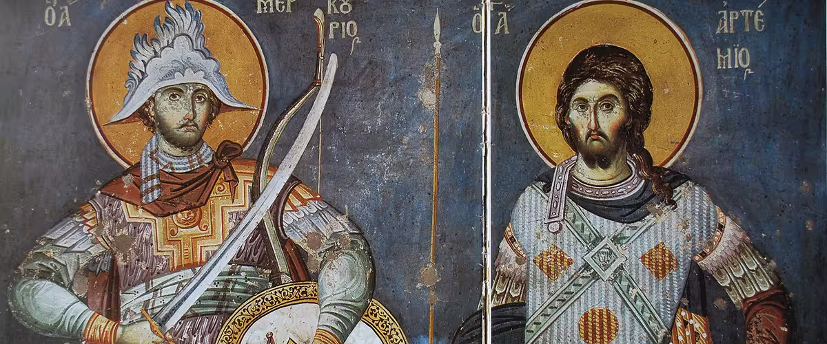 Saint Mercurius and Artemius of Antioch, military saints fresco by Manuel Panselinos, between 1290 and 1310, Mount Athos
