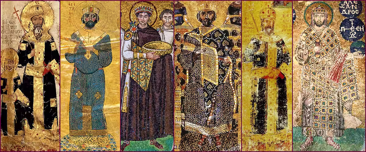 Display of different Byzantine Emperors from mosaics or illuminations