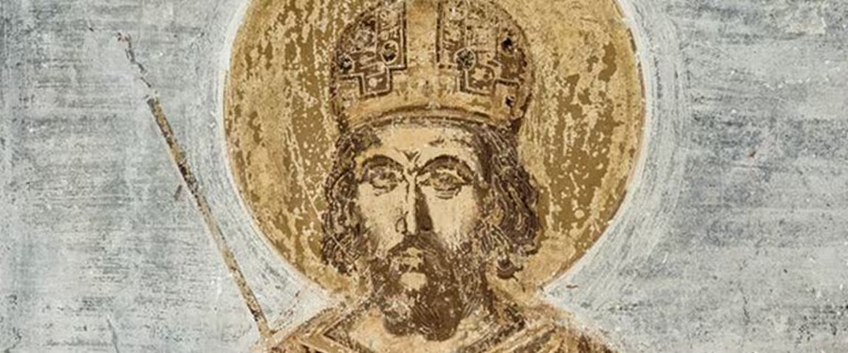 Constantine XI Dragases Palaiologos depicted on the fresco of a Byzantine monastery, Aegialeia, Peloponnese