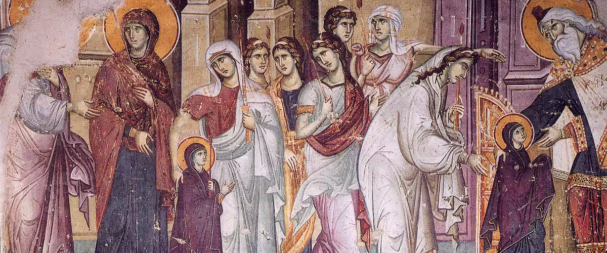 Presentation of Mary to the Temple by Manuel Panselinos, masterpiece of Byzantine Monumental Painting, in the Protaton Church, Karyes, Mount Athos