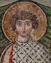 Early Byzantine mosaic detail of the Church of Saint Demetrios in Thessaloniki showing a saint with golden halo