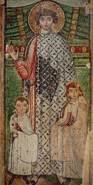 Byzantine mosaic depicting a saint with children from the basilica of Hagios Demetrios in Thessalonica