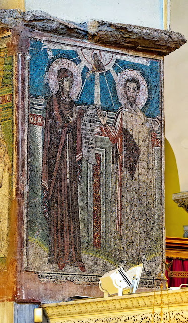 Byzantine mosaic of an orant Saint and the Virgin in the Hagios Demetrios Church in Thessaloniki