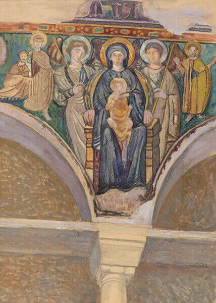 Watercolor of Konstantinos Maleas, the Virgin with angels and donors