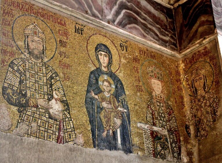 Byzantine mosaic of the Komnenos Dynasty in Hagia Sophia, with Emperor John II, Empress Irene of Hungary and son Alexios