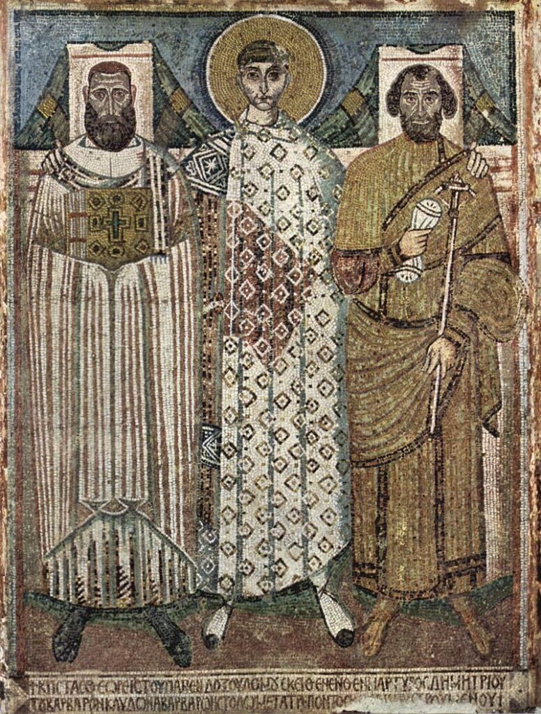 7th-century mosaics of Hagios Demetrios in Thessaloniki showing Saint Demetrios with two founders