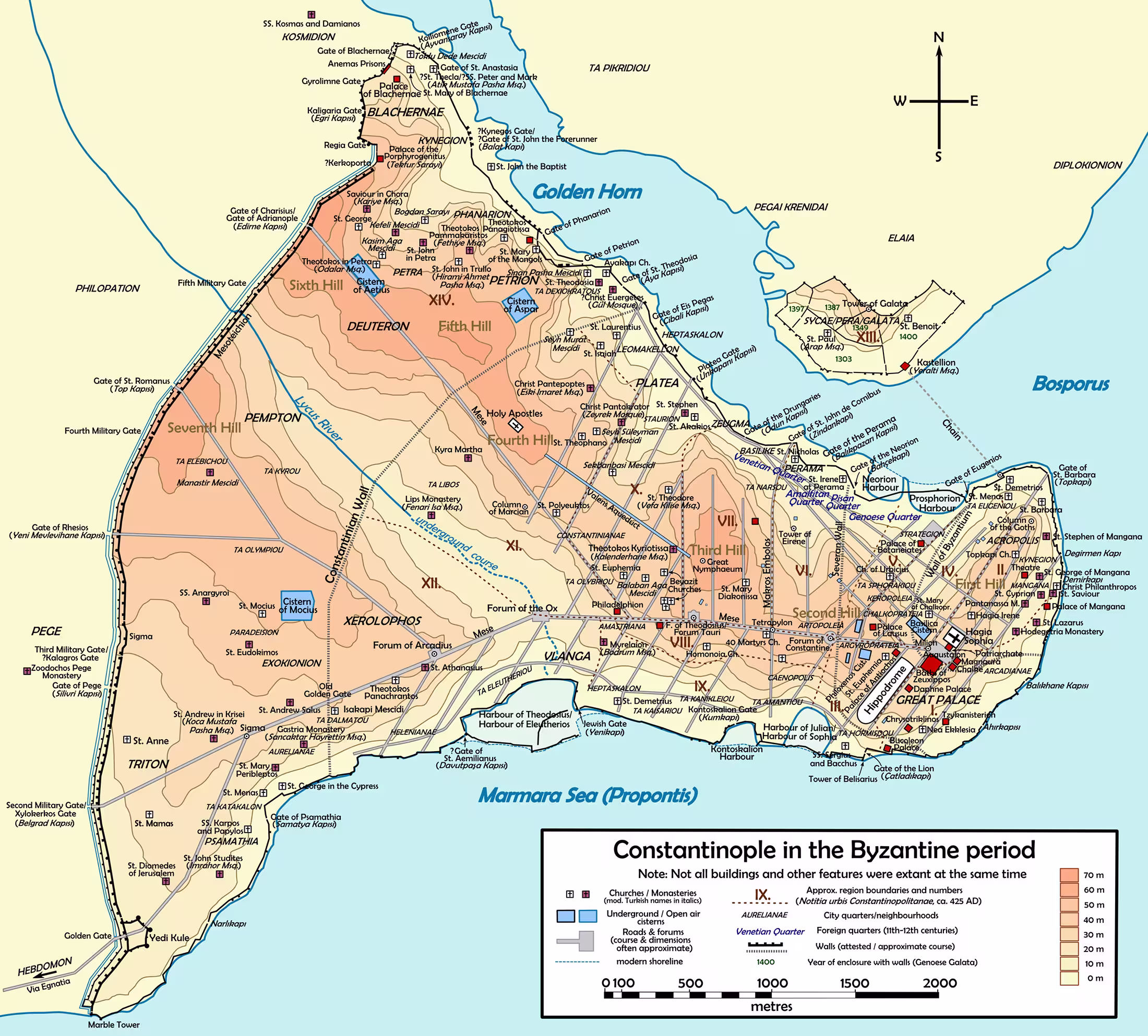 Map of Byzantine Constantinople showing the walls and main monuments
