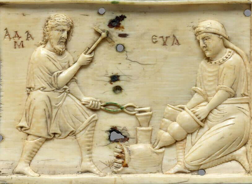 Byzantine ivory casket, Adam and Eve doing forge work