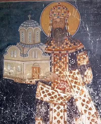 King Milutin depicted on a fresco of the Church of Studenica, Serbia, 1314