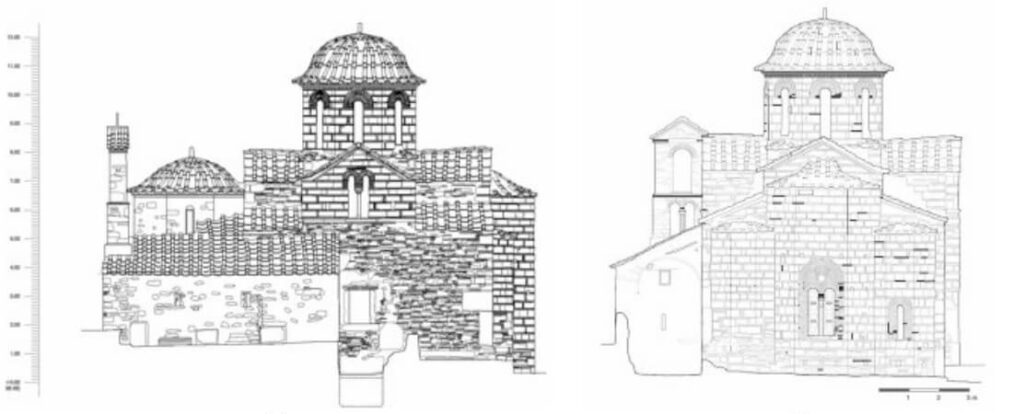 Architectural drawings of the south and east facades of the katholikon