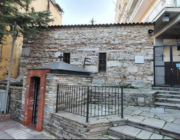 View of the Byzantine Church of the Taxiarches in the modern city of Drama