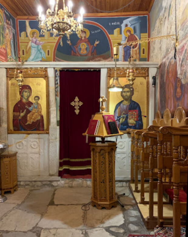 Interior of the Byzantine Church of the Taxiarches in the modern city of Drama with its ancient marble templon