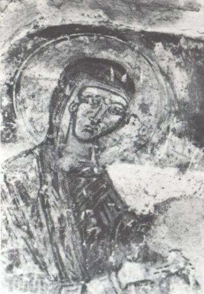Fresco of the Kaisariani Monastery, subsisting part of a Deesis showing the Theotokos, 14th century