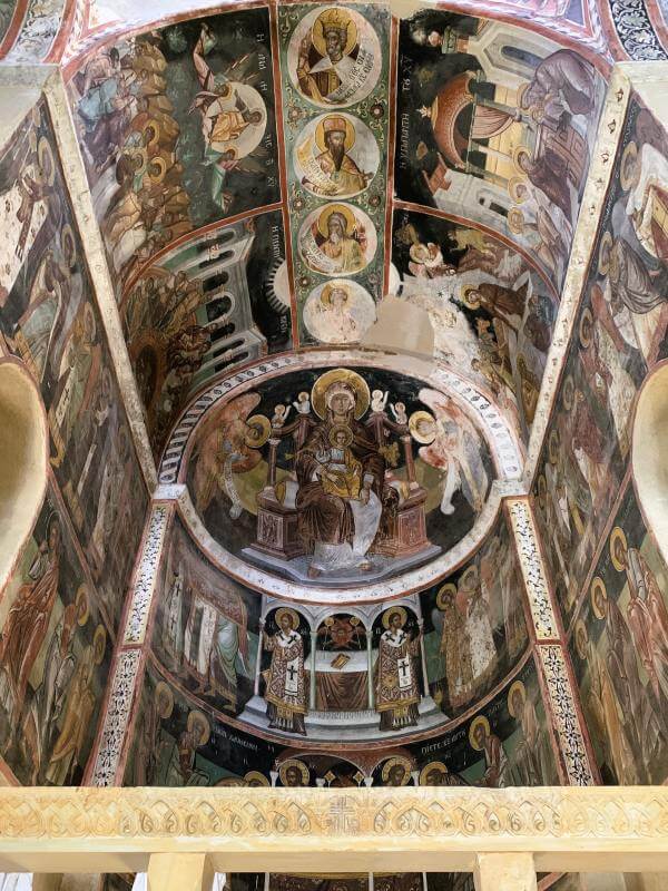 View of apse in the interior of the byzantine katholikon (main church) of the Kaisariani monastery near Athens
