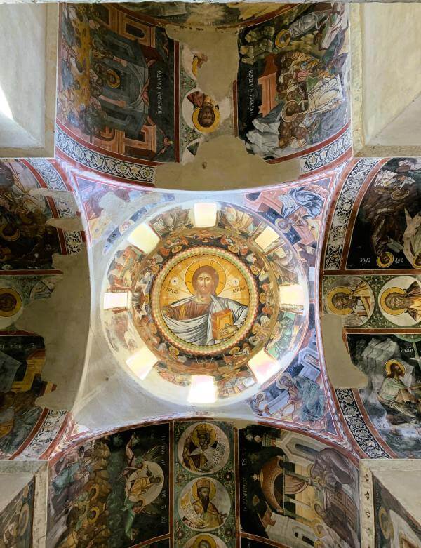 View of the dome in the interior of the byzantine katholikon (main church) of the Kaisariani monastery near Athens