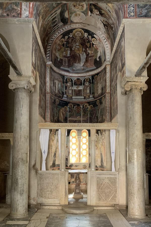 View of the interior of the byzantine katholikon (main church) of the Kaisariani monastery near Athens